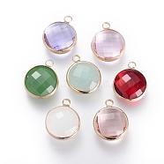 Glass Pendants, with Brass Findings, Faceted, Flat Round, Mixed Color, 12x8.5x3mm, Hole: 2mm(GLAA-S114-D-M)