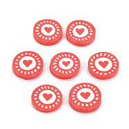 Handmade Polymer Clay Cabochons, Flat Round with Heart, Salmon, 9~9.5x2mm, about 5500pcs/1000g(CLAY-N006-129)