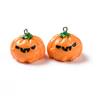Halloween Opaque Resin Pendants, Pumpkin Jack-O'-Lantern Charms, with Platinum Tone Iron Loops, Dark Orange, 21.5x27x27mm, Hole: 2mm(RESI-D063-14B)