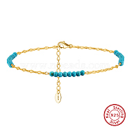 925 Sterling Silver Dapped Chain Anklet, Synthetic Turquoise Beads Anklet, Real 14K Gold Plated, 8-1/2 inch(21.7cm)(AJEW-Z029-23G)