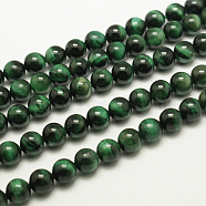 Natural Tiger Eye Beads Strands, Round, Dyed & Heated, Medium Sea Green, about 6mm in diameter, hole: 1mm(G-G099-6mm-22)