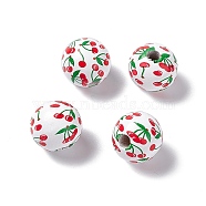 Fruit Printed Wood European Beads, Large Hole Bead, Round, Red, Cherry Pattern, 16x14.5mm, Hole: 4.2mm(WOOD-G013-01C)