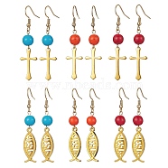 6 Pair 6 Style Brass Cross & Alloy Jesus Fish Dangle Earrings, Synthetic Turquoise Round Beaded Long Drop Earrings with 304 Stainless Steel Earring Pins, Mixed Color, 53x13mm, 1 Pair/style(EJEW-JE05401)
