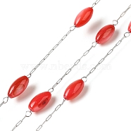 304 Stainless Steel Cable Chains with Dyed Shell Beads, Rice, Soldered, with Spool, Red, 2.5x0.8x0.1mm(STAS-B067-03P-01)