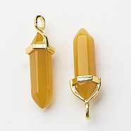 Natural Agate Double Terminated Pointed Pendants, Dyed & Heated, with Random Alloy Pendant Hexagon Bead Cap Bails, Golden, Bullet, 37~40x12.5x10mm, Hole: 3x4.5mm(G-G902-B09)