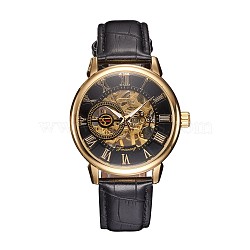 Alloy Watch Head Mechanical Watches, with PU Learther Cord Watch Band, Gunmetal & Golden, 254x20mm, Watch Head: 48x45x13mm, Watch Face: 35mm(WACH-L044-01G)