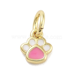 Real 18K Gold Plated Brass Enamel Charms, with Jump Ring, Long-Lasting Plated, Lead Free & Cadmium Free, Paw Print Charm, Pink, 6x5.5x2mm, Hole: 3mm(KK-M293-22G-02)