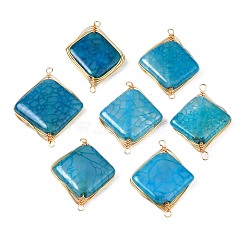 Natural Agate Connectors Charms, with Golden Plated Brass Findings, Dyed & Heated, Rhombus, Deep Sky Blue, 34~35x25~26.5x6mm, Hole: 2mm(G-N326-103)