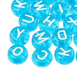 Transparent Acrylic Beads, Flat Round with White Mixed Letters, Deep Sky Blue, 7x4mm, Hole: 1.5mm, about 1480pcs/200g(TACR-SZ0001-01F)