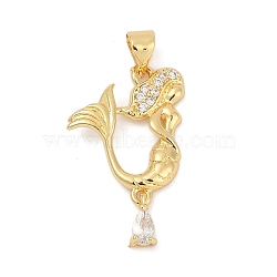 Brass Micro Pave Cubic Zirconia Pendants, Mermaid, Lead Free & Cadmium Free, Long-Lasting Plated, Rack Plating, Real 18K Gold Plated, 26x15.5x2mm, Hole: 5.5x3.5mm(KK-D317-124G)