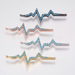 Brass Micro Pave Cubic Zirconia Links, Heartbeat, Deep Sky Blue, Mixed Color, 12x34.5x2.5mm, Hole: 1mm(KK-I614-031)