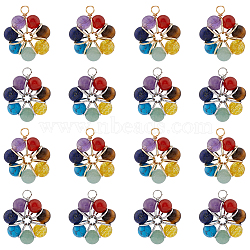 12Pcs 2 Colors 7 Chakra Gemstone Copper Wire Wrapped Pendants, Flower Charms with Mixed Stone, Platinum & Light Gold, 32.5x28x10mm, Hole: 4mm, 6pcs/color(G-DC0001-27)