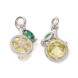 Brass Micro Pave Cubic Zirconia Charms, with Jump Ring, Lemon, Yellow & Green, Real Platinum Plated, 11x7x3.5mm, Hole: 2.5mm(ZIRC-G169-03P)