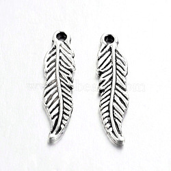 Tibetan Style Alloy Feather Pendants, Cadmium Free & Nickel Free & Lead Free, Antique Silver, 23x6x1.5mm, Hole: 2mm, about 1400pcs/1000g(TIBEP-20476-AS-NR)