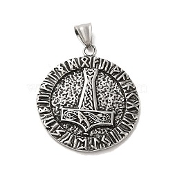 304 Stainless Steel Big Pendants, Flat Round with Thor's Hammer & Six-character Mantra, Antique Silver, 52x38x3mm, Hole: 9mm(STAS-D091-09AS)