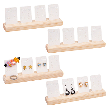 4Pcs Wooden Jewelry Display Card Stands, Earring Display Card Holder with 16Pcs Plastic Display Cards, BurlyWood, 20x3.3x6.3cm
