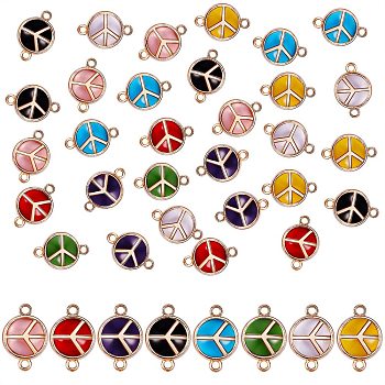 32Pcs 8 Colors Glass Light Gold Plated Alloy Links Connectors, Flat Round with Peace Sign, Mixed Color, 13.5x19.5x5.5mm, Hole: 1.6mm, 4pcs/color, 32pcs/box