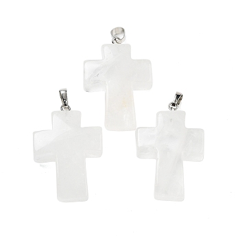 Natural Quartz Crystal Pendants, Rock Crystal Religion Cross Charms with Rack Plating Platinum Tone Brass Snap on Bails, 35x23x9mm, Hole: 7x4mm