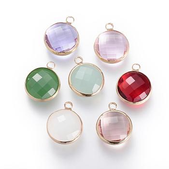 Glass Pendants, with Brass Findings, Faceted, Flat Round, Mixed Color, 12x8.5x3mm, Hole: 2mm
