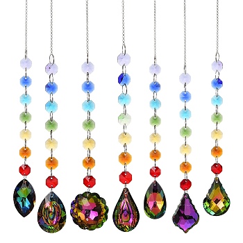 Quartz Crystal Pendant Decorations, with Iron Chains, Mixed Shape, Colorful, 430~438mm, Pendants: 200~205x4~4.5mm, about 7Pcs/Set