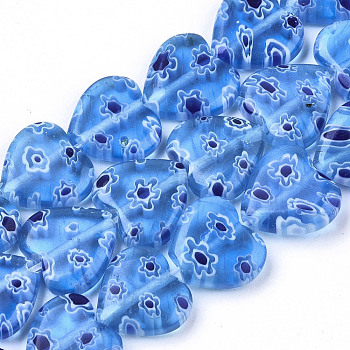 Handmade Millefiori Lampwork Beads Strands, Heart, Deep Sky Blue, 11~12x12x4~5mm, Hole: 1mm, about 32~33pcs/strand, 12.72 inch~13.78 inch(32.3~35cm)