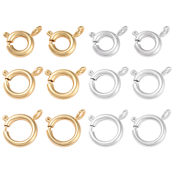12Pcs 6 Style Eco-friendly Brass Spring Ring Clasps, Cadmium Free & Lead Free, Long-Lasting Plated, Golden & Silver, 9~15.5x7~13x1.5~2mm, Hole: 1.5~2.3mm, Inner Diameter: 3~7.5mm, 2pcs/style