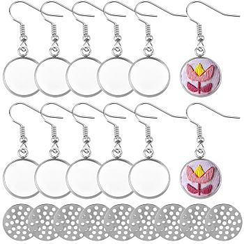 40Pcs 304 Stainless Steel Earring Hooks, with Blank Pendant Trays, Flat Round, 40Pcs Iron Finger Ring Brooch Sieve Findings, Platinum & Stainless Steel Color, 37mm