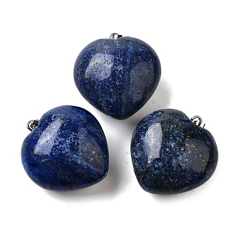 Natural Lapis Lazuli Pendants, with Brass Snap on Bails, Heart Charms, Platinum, 26.5~27x25x13.5~14mm, Hole: 6.5x3.5mm