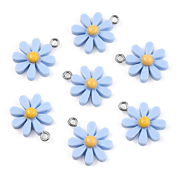 Opaque Resin Pendants, Daisy Flower Charms, Light Sky Blue, 21x17x5.5mm, Hole: 2mm