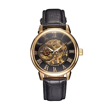 Alloy Watch Head Mechanical Watches, with PU Learther Cord Watch Band, Gunmetal & Golden, 254x20mm, Watch Head: 48x45x13mm, Watch Face: 35mm