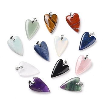 Natural & Synthetic Gemstone Pendants, with Rack Plating Platinum Plated Brass Findings, Long-Lasting Plated, Mixed Dyed and Undyed, Heart, 32~34x20x8mm, Hole: 4x4mm