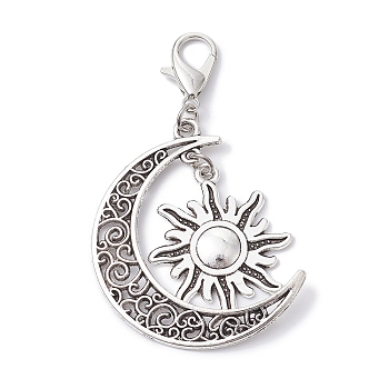Tibetan Style Alloy Pendant Decoration, with Zinc Alloy Lobster Claw Clasps, Sun & Moon, Antique Silver, 56mm