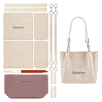 DIY Straw Woven Tote Sets, Including PU Leather Bag Materials, Woven Sheets, Alloy Findings, Zipper, Thread, Needles, Antique White, 33.8x33.8x0.5cm