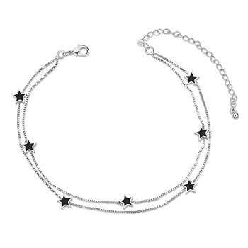 SHEGRACE Brass Multi-Strand Anklets, with Epoxy Resin and Box Chains, Star, Black, Platinum, 8-1/4 inch(21cm)