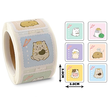 6 Style Thank You Stickers Roll, Square Paper Animal Pattern Adhesive Labels, Decorative Sealing Stickers for Christmas Gifts, Wedding, Party, Cat Pattern, 30x30mm, 300pcs/roll