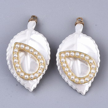 ABS Plastic Pendants, with ABS Plastic Imitation Pearl, Light Gold Plated Alloy Finding and Brass Loop, Leaf with Teardrop, White, 34.5x18.5x6mm, Hole: 1.6mm