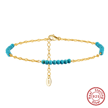 925 Sterling Silver Dapped Chain Anklet, Synthetic Turquoise Beads Anklet, Real 14K Gold Plated, 8-1/2 inch(21.7cm)