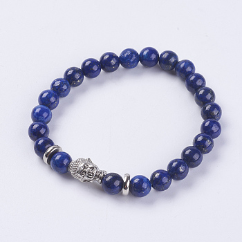 Natural Lapis Lazuli Beads Stretch Bracelets, with Alloy Finding, Buddha's Head, 2-1/8 inch(55mm)