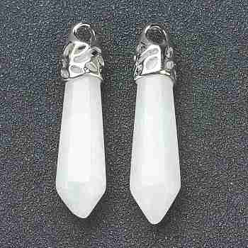 Bullet Natural White Jade Pendants, with Platinum Tone Alloy Findings, 33~40x8~10mm, Hole: 3x2mm