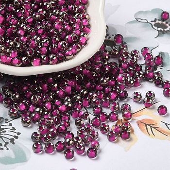 Transparent Inside Colours Glass Seed Beads, Half Plated, Round Hole, Round, Camellia, 4x3mm, Hole: 1.2mm, 7650pcs/pound