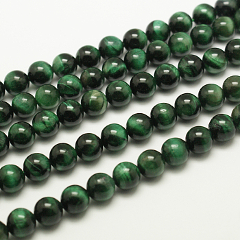 Natural Tiger Eye Beads Strands, Round, Dyed & Heated, Medium Sea Green, about 6mm in diameter, hole: 1mm
