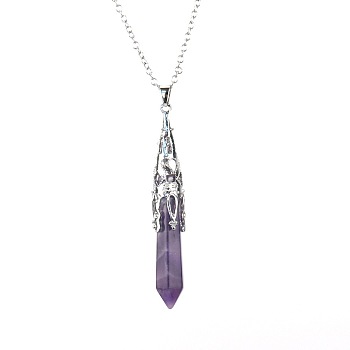 Natural Amethyst Six-Sided Prism Healing Dowsing Pendulum Pendant Iron Cable Chain Necklaces for Divination, Platinum, 20.47 inch(52cm)