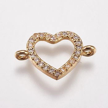 Brass Micro Pave Cubic Zirconia Links, Heart, Clear, Golden, 10.5x16x2mm, Hole: 1.5mm