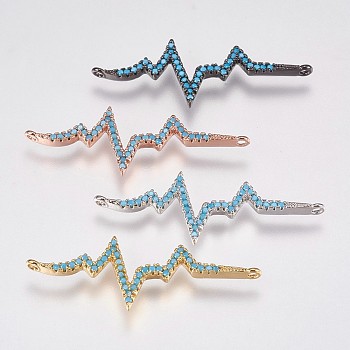 Brass Micro Pave Cubic Zirconia Links, Heartbeat, Deep Sky Blue, Mixed Color, 12x34.5x2.5mm, Hole: 1mm