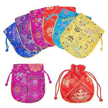 12Pcs 6 Colors Silk Packing Pouches, Drawstring Bags with Mixed Patterns, Mixed Color, 13~13.5x11.4~12cm, 2pcs/color
