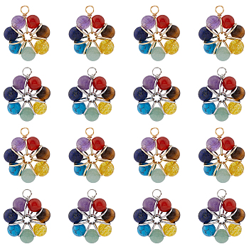 12Pcs 2 Colors 7 Chakra Gemstone Copper Wire Wrapped Pendants, Flower Charms with Mixed Stone, Platinum & Light Gold, 32.5x28x10mm, Hole: 4mm, 6pcs/color