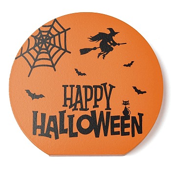Halloween Theme Ornaments, Wooden Home Desktop Display Decoration, Flat Round with Word Happy Halloween, Dark Orange, 103x120x15.5mm