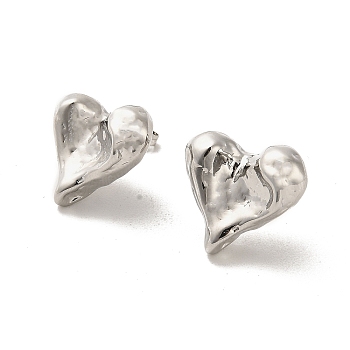Heart Rack Plating Brass Stud Earrings, Cadmium Free & Lead Free, Platinum, 17.5x19mm