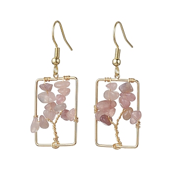 Natural Rose Quartz Chips Tree Dangle Earrings, Rectangle Real 18K Gold Plated Brass Drop Earrings with 304 Stainless Steel Earring Pins, 44x16.5~17mm