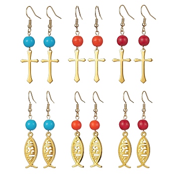 6 Pair 6 Style Brass Cross & Alloy Jesus Fish Dangle Earrings, Synthetic Turquoise Round Beaded Long Drop Earrings with 304 Stainless Steel Earring Pins, Mixed Color, 53x13mm, 1 Pair/style